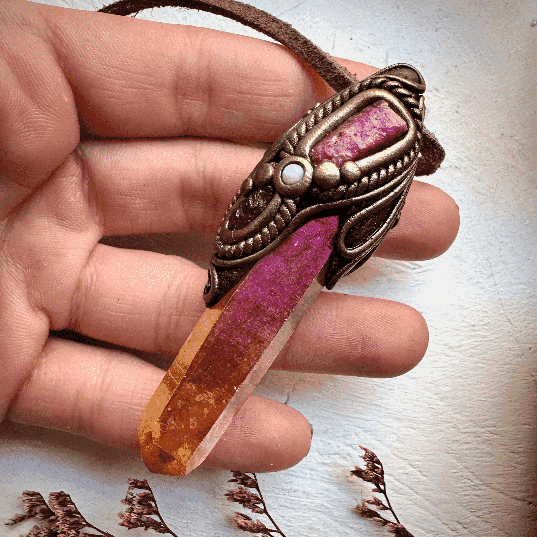 Sunset Aura Quartz Raw Ruby Rhodolite Garnet and Australian Opal Pendant Necklace - FairyGardenGlow