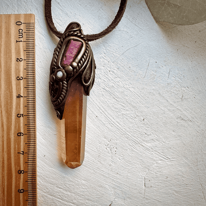 Sunset Aura Quartz Raw Ruby Rhodolite Garnet and Australian Opal Pendant Necklace - FairyGardenGlow