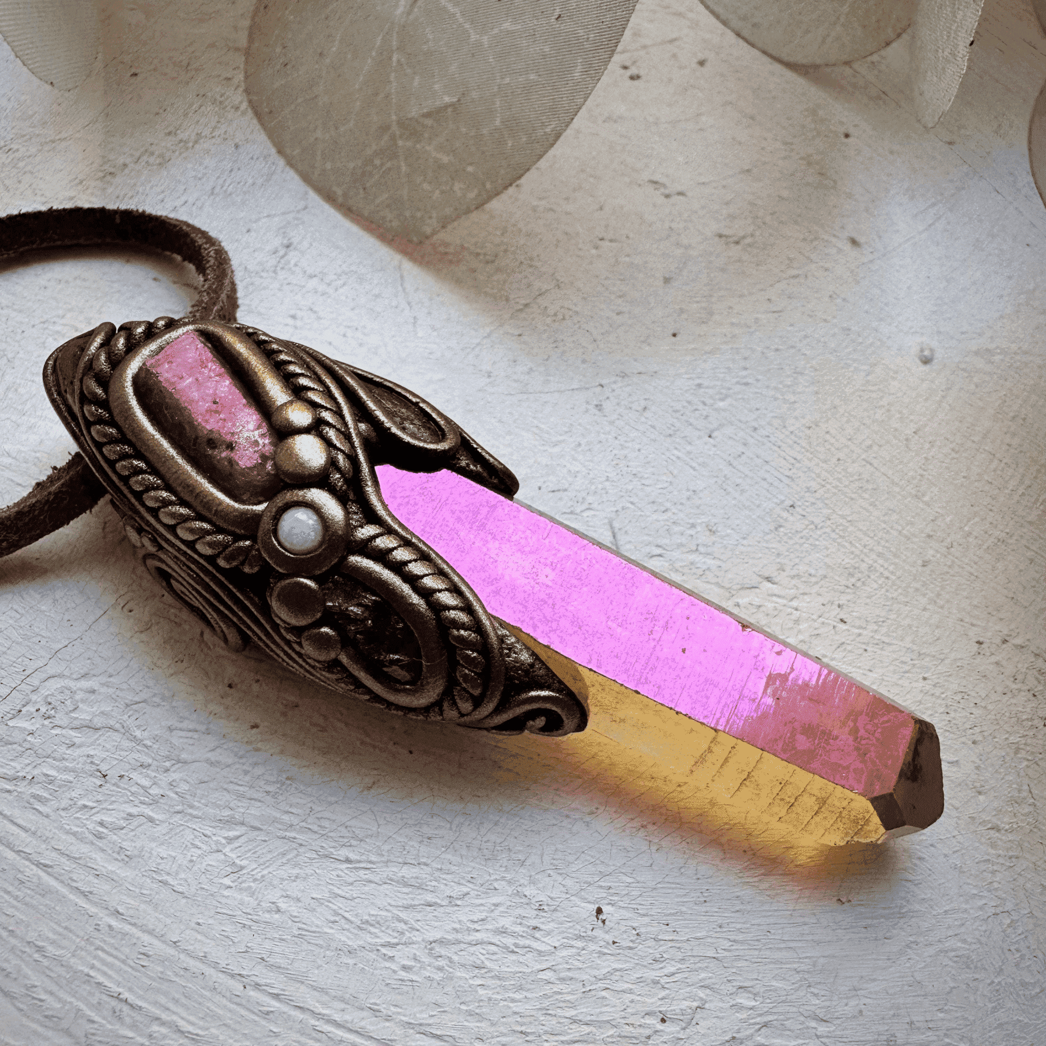 Sunset Aura Quartz Raw Ruby Rhodolite Garnet and Australian Opal Pendant Necklace - FairyGardenGlow