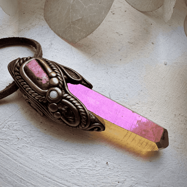 Sunset Aura Quartz Raw Ruby Rhodolite Garnet and Australian Opal Pendant Necklace - FairyGardenGlow