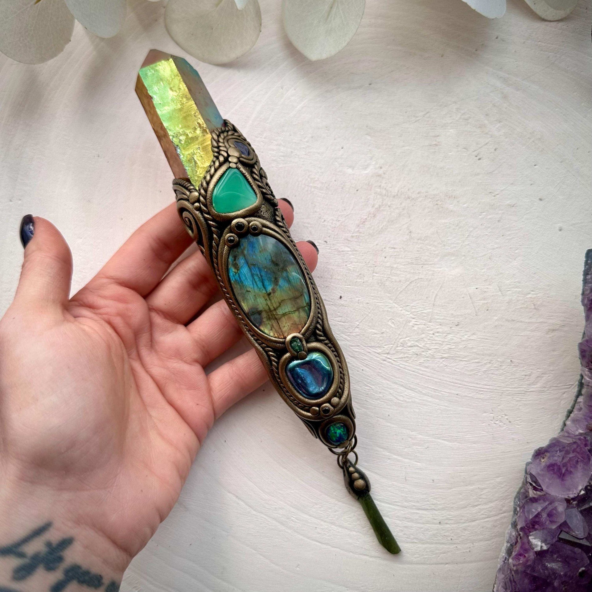 Sunset Aura Quartz Wand , Labradorite Chrysoprase Tanzanite Emerald Black Australian Opal Triplet Aqua Aura Quartz and Moldavite Wand - FairyGardenGlow