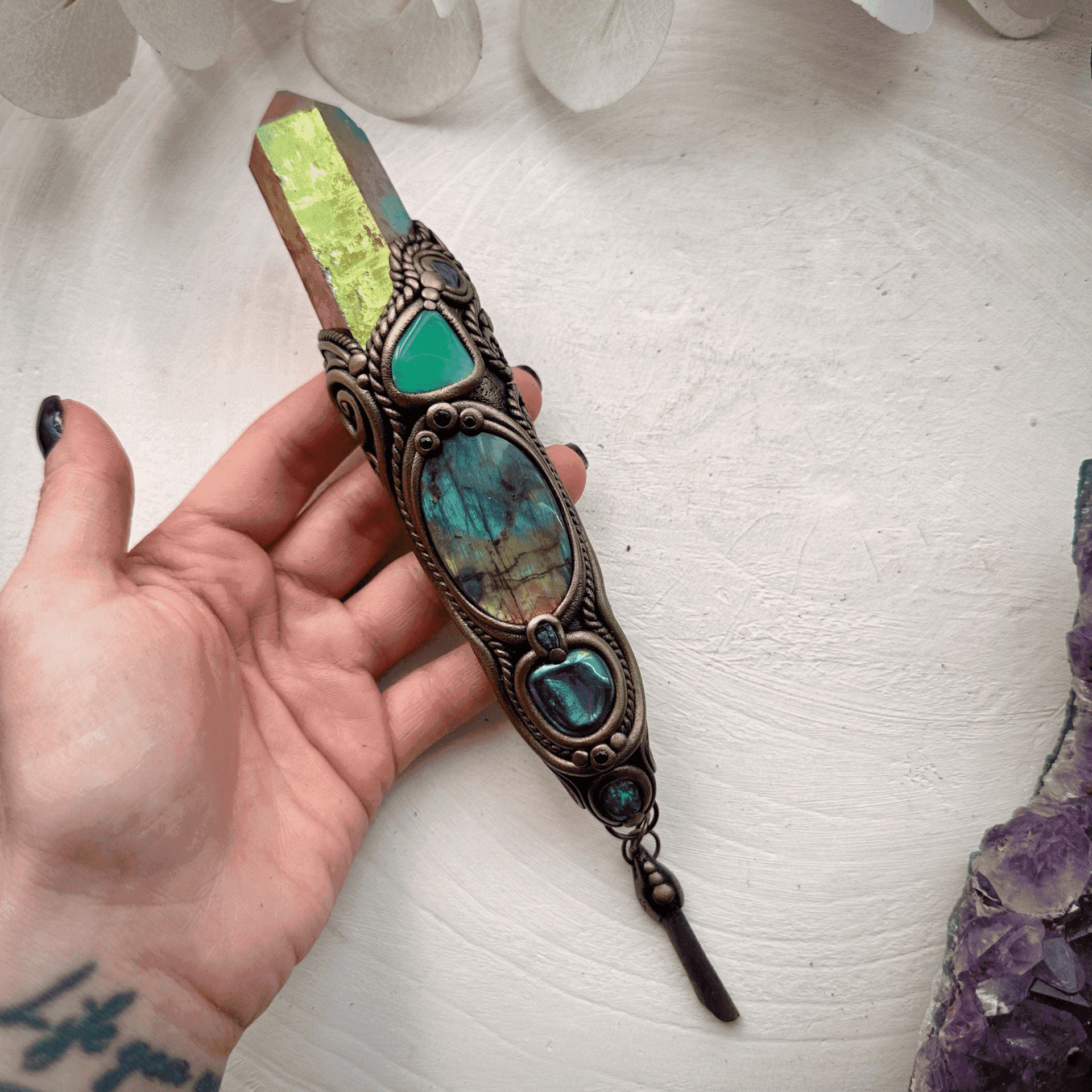 Sunset Aura Quartz Wand , Labradorite Chrysoprase Tanzanite Emerald Black Australian Opal Triplet Aqua Aura Quartz and Moldavite Wand - FairyGardenGlow