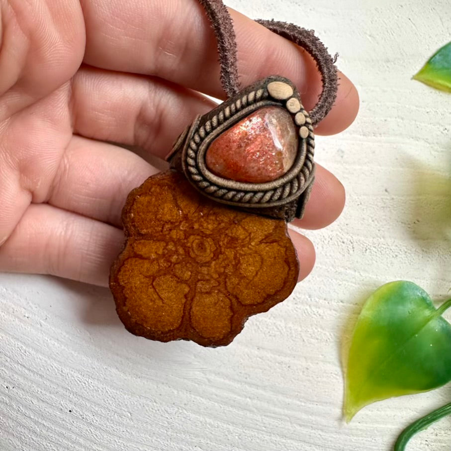 Handcrafted Ayahuasca Vine necklace featuring natural Sunstone