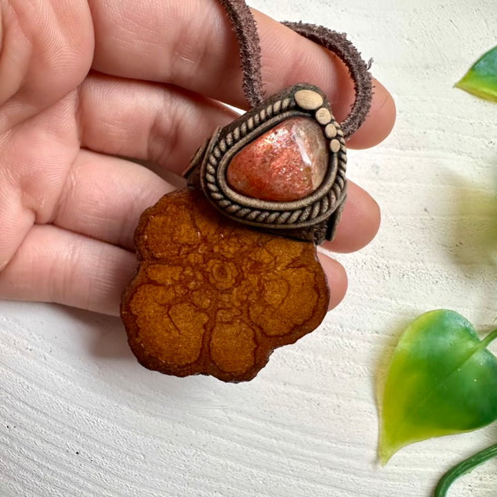 Handcrafted Ayahuasca Vine necklace featuring natural Sunstone