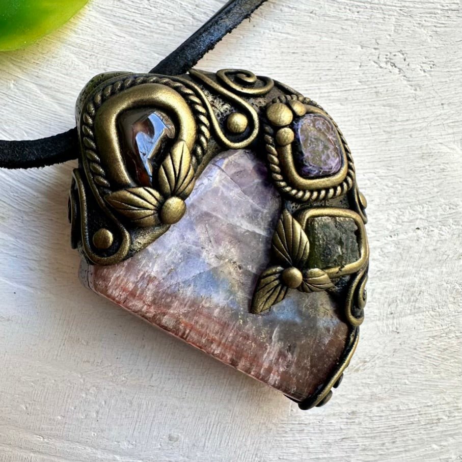 Super Seven Quartz, Moldavite, Charoite and Fire Agate Wearable Wand / Healing Crystal Pendant - FairyGardenGlow