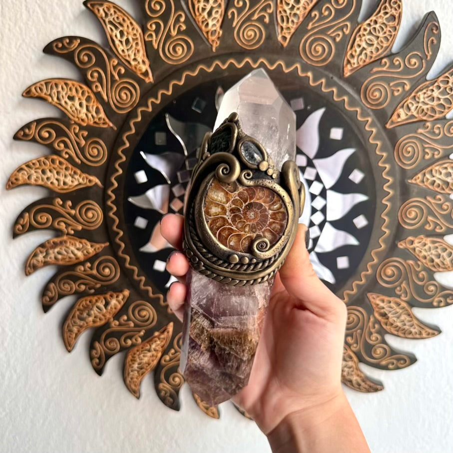 Healing crystal wand featuring Super Seven Quartz and Lemurian Seed Quartz