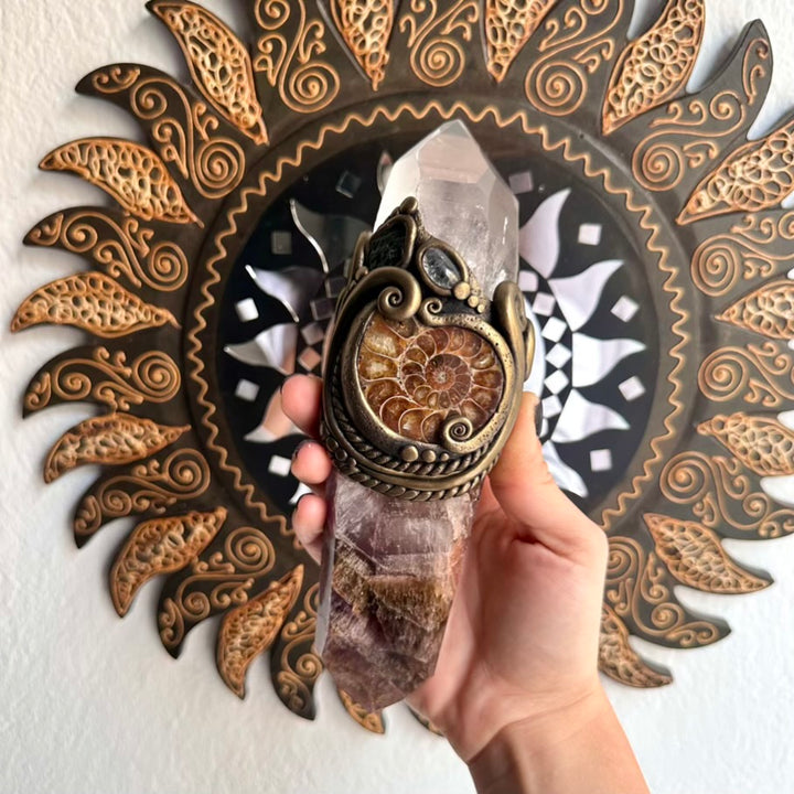 Healing crystal wand featuring Super Seven Quartz and Lemurian Seed Quartz