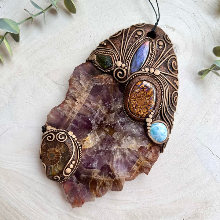 One of a kind crystal wall hanging with Super Seven quartz