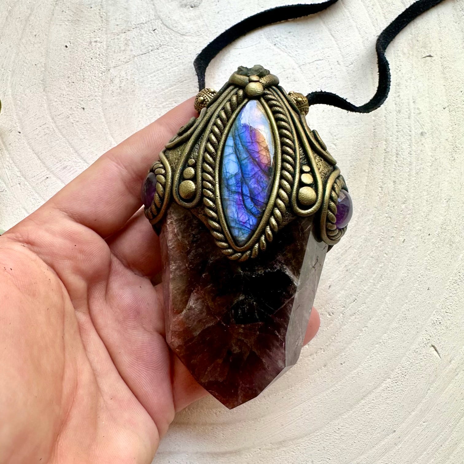 Super Seven Quartz crystal wand pendant necklace handcrafted with Labradorite, Moldavite and Amethyst natural gemstones.