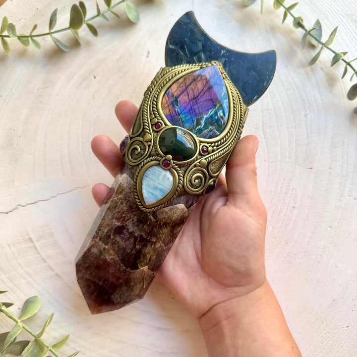 Handmade Super Seven Quartz crystal wand with an Astrophyllite moon, Purple Labradorite, Rainbow Obsidian and Rainbow Moonstone.