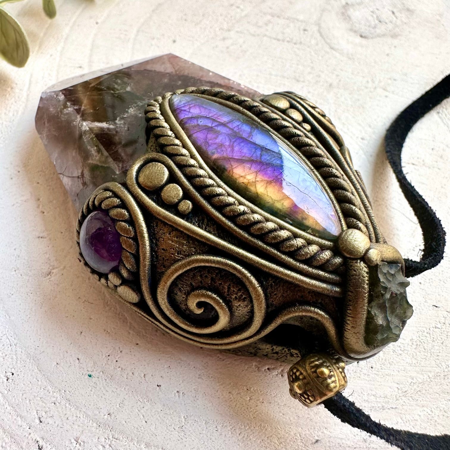 Handmade altar ritual tool crafted with Super Seven Quartz, Moldavite and Amethyst for spiritual practice.