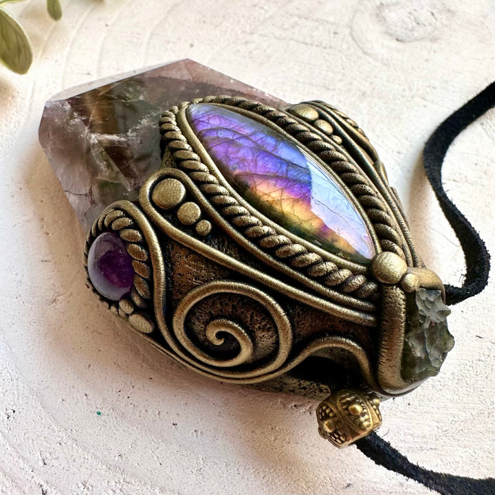 Handmade altar ritual tool crafted with Super Seven Quartz, Moldavite and Amethyst for spiritual practice.