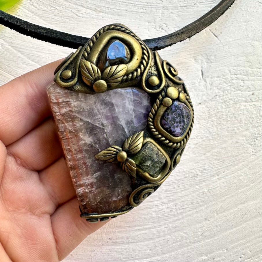 Super Seven Quartz, Moldavite, Charoite and Fire Agate Wearable Wand / Healing Crystal Pendant - FairyGardenGlow