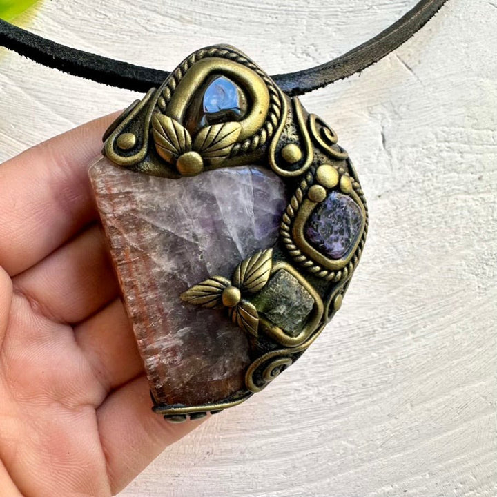 Super Seven Quartz, Moldavite, Charoite and Fire Agate Wearable Wand / Healing Crystal Pendant - FairyGardenGlow