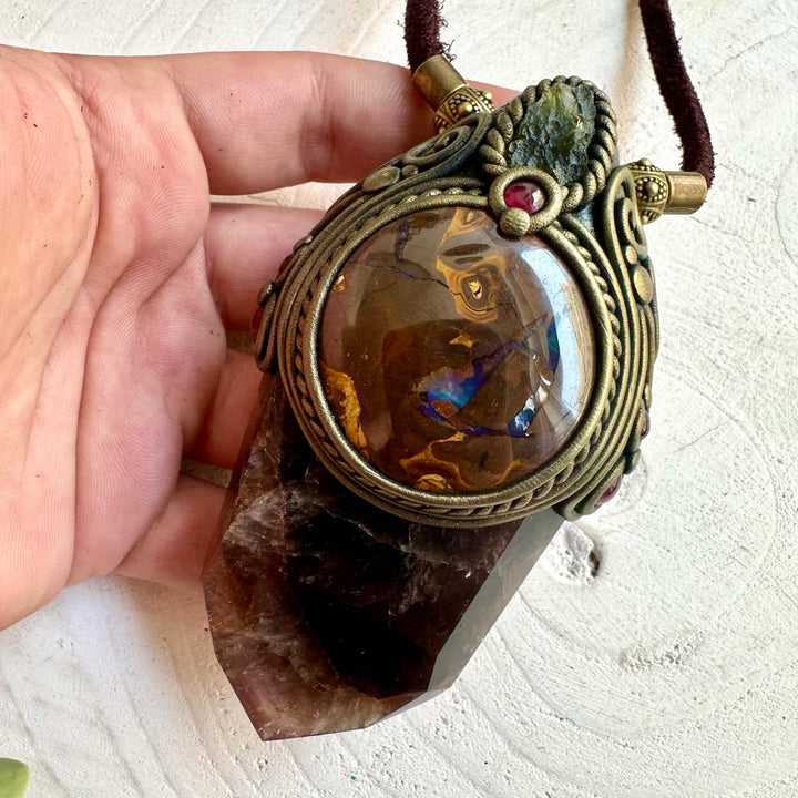 One of a kind healing crystal wand featuring Super Seven Quartz and rare natural gemstones.