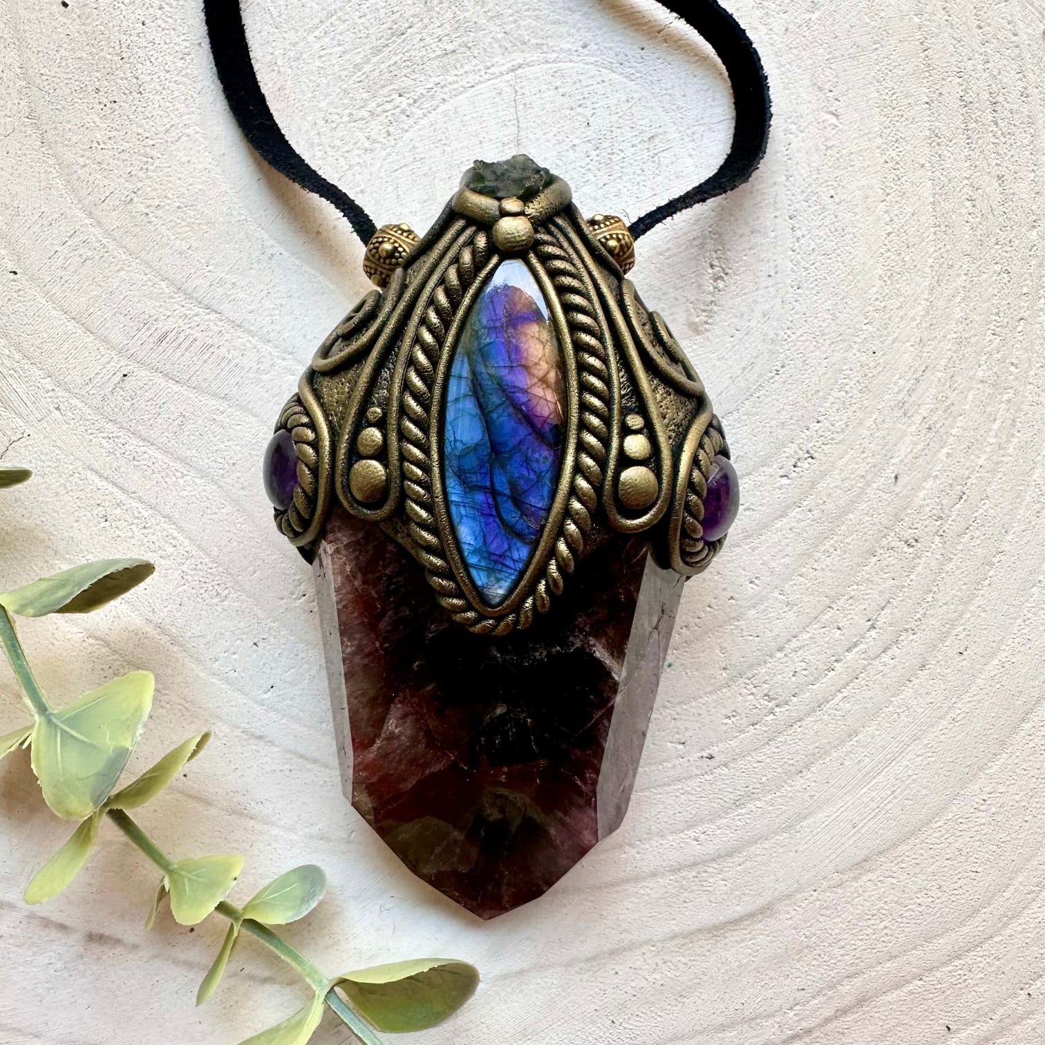 Handmade Super Seven Quartz crystal wand pendant necklace featuring Labradorite, Moldavite and Amethyst, a one of a kind energy tool designed for manifestation, intuition, spiritual awakening, protection and personal transformation.