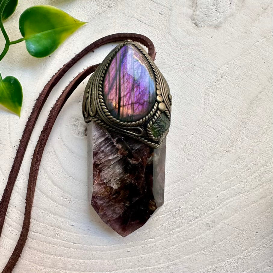 Super Seven Quartz, Labradorite and Moldavite healing crystal wand pendant – handmade metaphysical jewelry