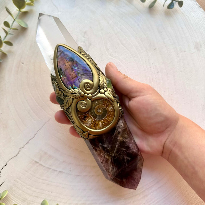 Handmade Super Seven Quartz crystal wand with Lemurian Seed Quartz, Labradorite, Ammonite, Moldavite, Peridot and Clear Topaz.