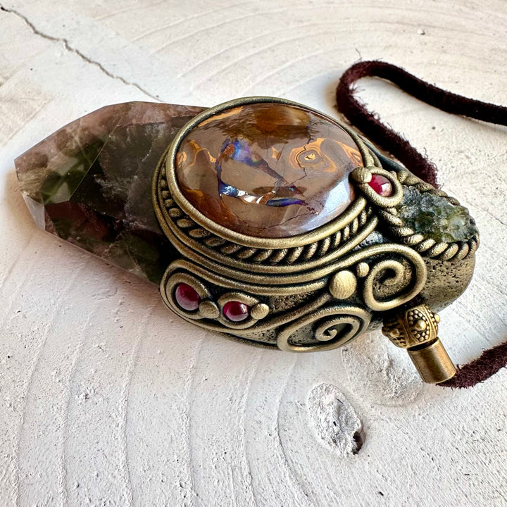 Super Seven Quartz crystal wand pendant necklace handcrafted with Boulder Opal, Moldavite and Rhodolite Garnet natural crystals.