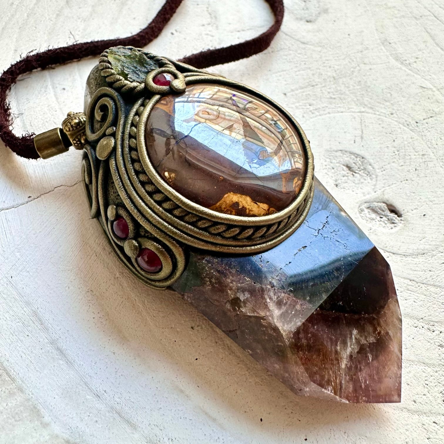 Handmade gemstone pendant with Super Seven Quartz, Rhodolite Garnet and Boulder Opal for energy healing and manifesting.