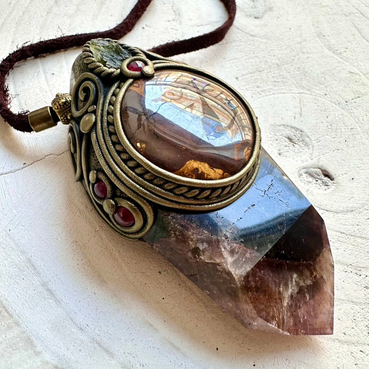 Handmade gemstone pendant with Super Seven Quartz, Rhodolite Garnet and Boulder Opal for energy healing and manifesting.