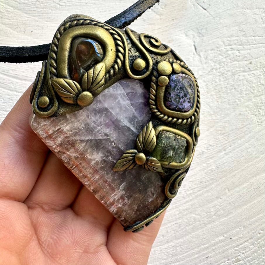 Super Seven Quartz, Moldavite, Charoite and Fire Agate Wearable Wand / Healing Crystal Pendant - FairyGardenGlow