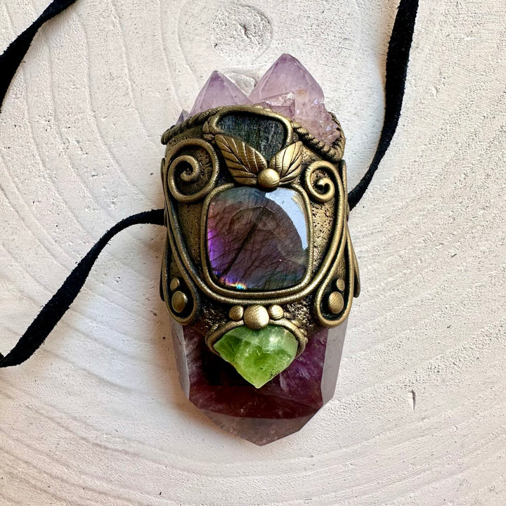 Handmade Super Seven Quartz healing crystal wand pendant necklace with Spirit Quartz Cluster, Labradorite, Moldavite and Peridot.