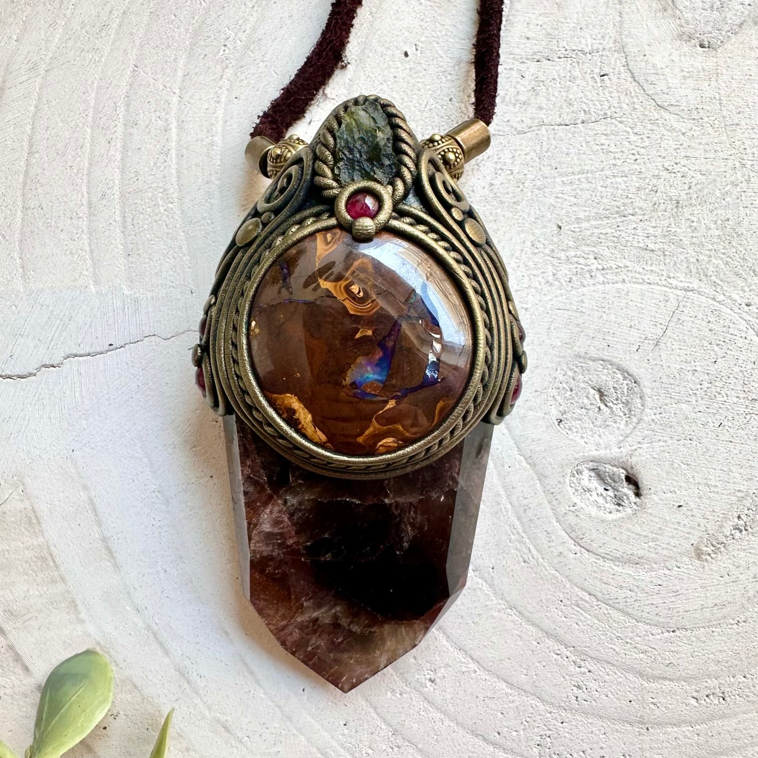 Handmade Super Seven Quartz crystal wand pendant necklace with Boulder Opal, Moldavite and Rhodolite Garnet.