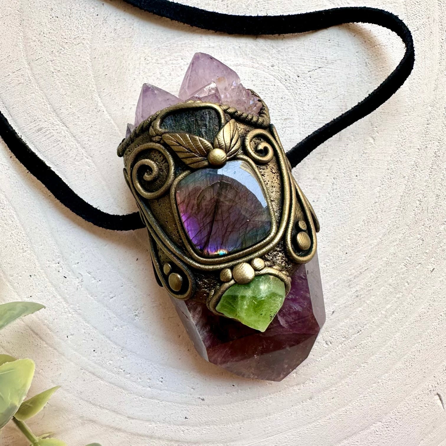 Handmade healing wand with Super Seven Quartz, Labradorite, Moldavite and Peridot.