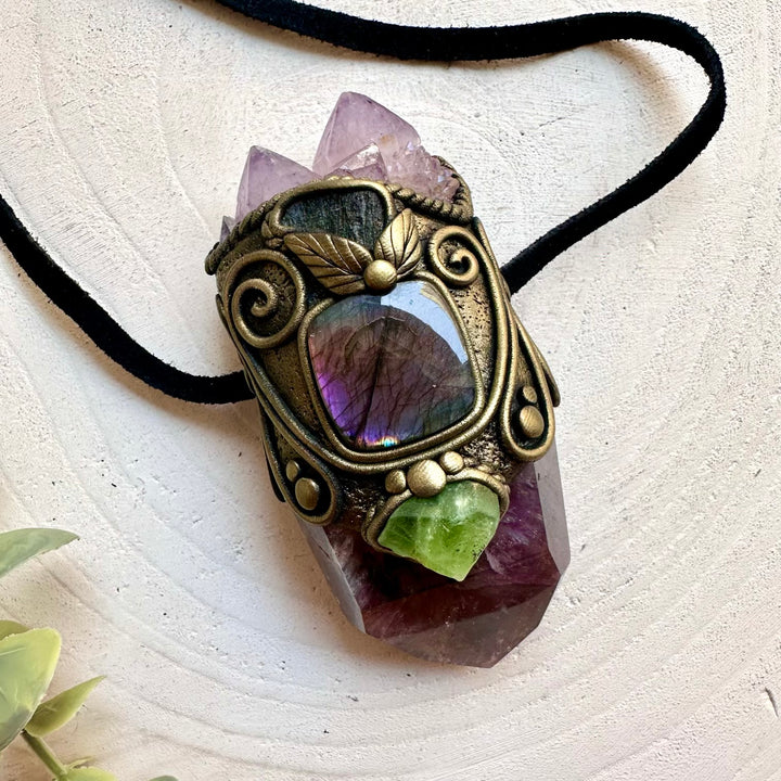Handmade healing wand with Super Seven Quartz, Labradorite, Moldavite and Peridot.