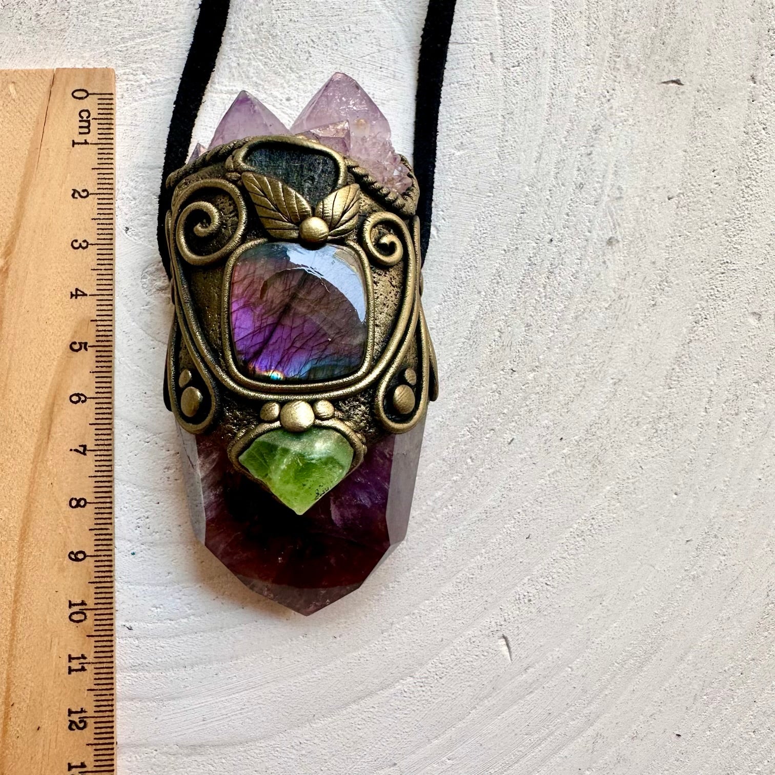 Handmade gemstone pendant / crystal wand with Super Seven Quartz, Moldavite and Peridot in clay setting.