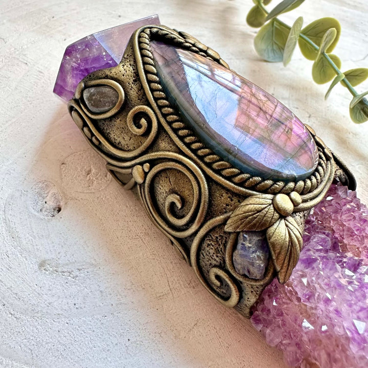 Spiritual crystal wand handcrafted with Spirit Quartz and luminous Clear Topaz accents.