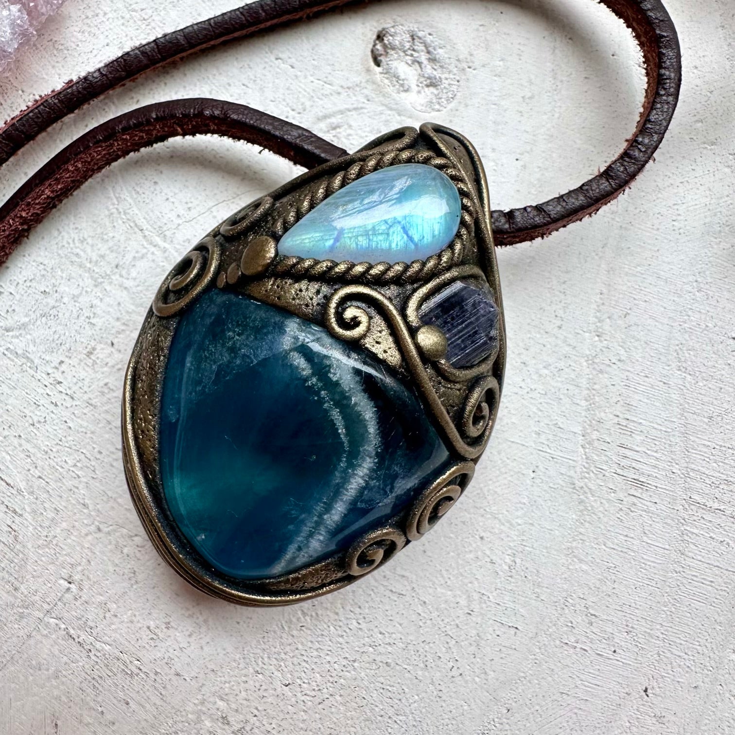 Natural gemstone necklace with fluorite moonstone and tanzanite