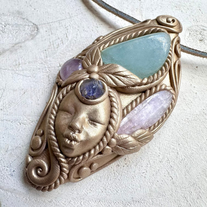 One of a kind clay goddess necklace with multiple gemstones