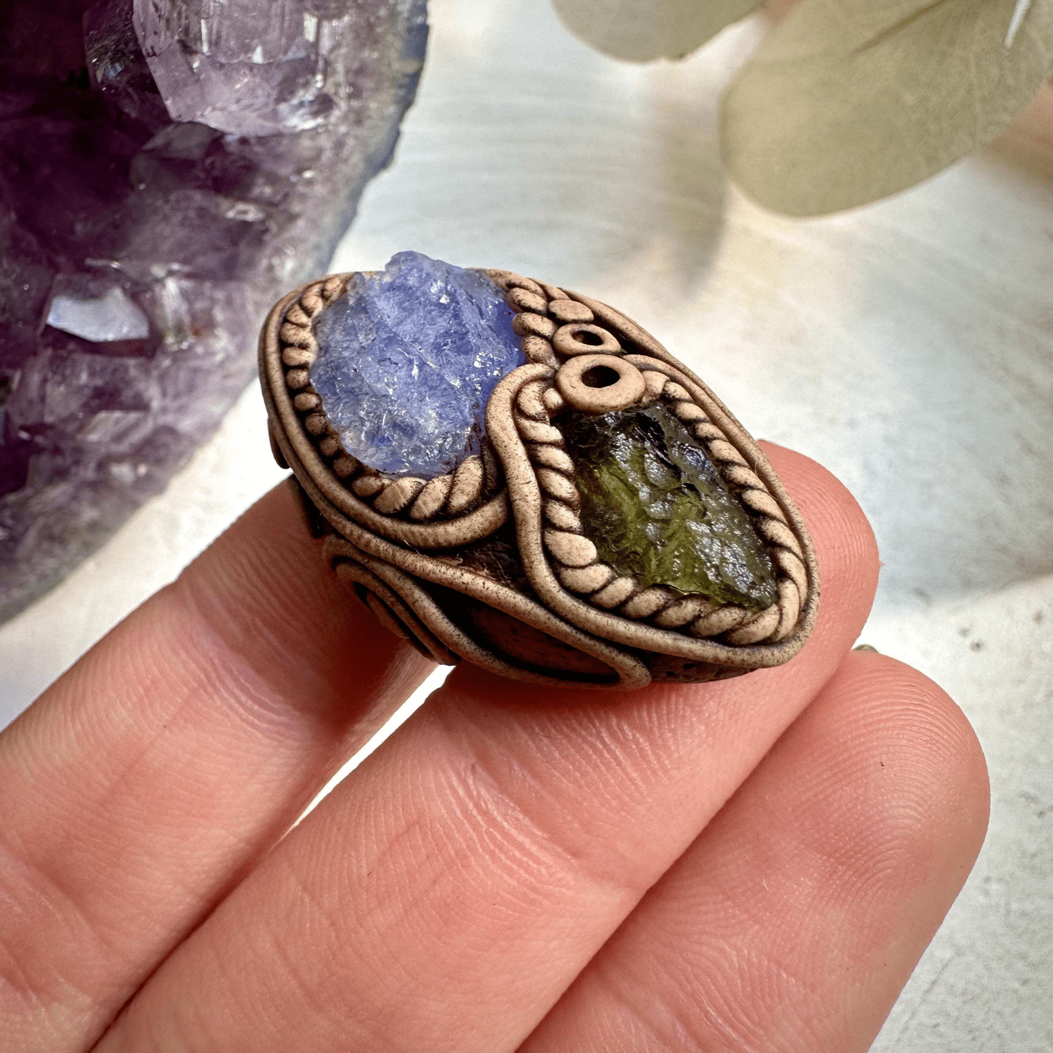 Tanzanite and Raw Moldavite Ring - FairyGardenGlow