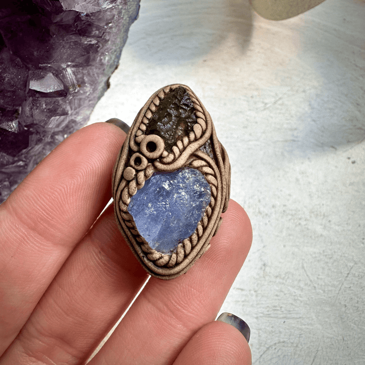 Tanzanite and Raw Moldavite Ring - FairyGardenGlow