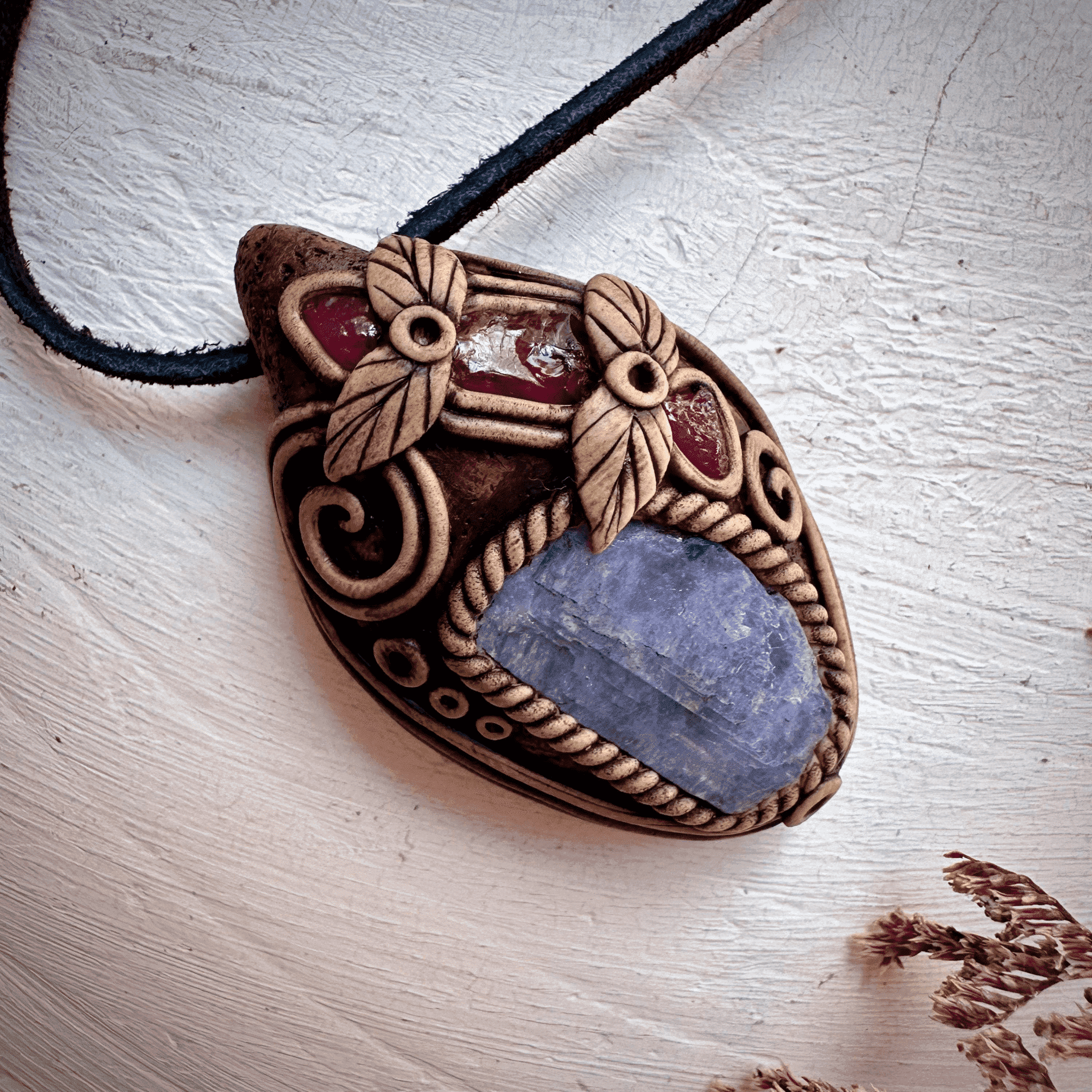 Tanzanite Rhodolite Garnet and Mozambique Ruby Pendant - FairyGardenGlow