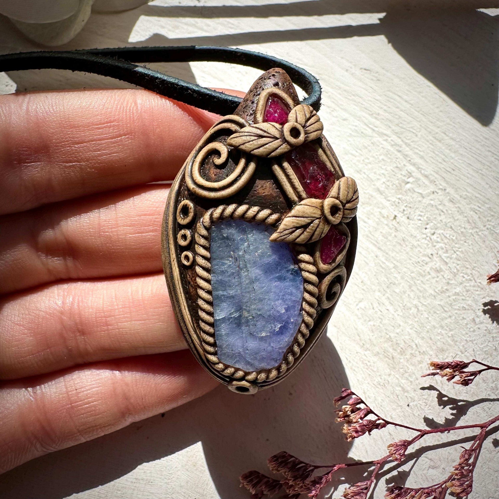Tanzanite Rhodolite Garnet and Mozambique Ruby Pendant - FairyGardenGlow