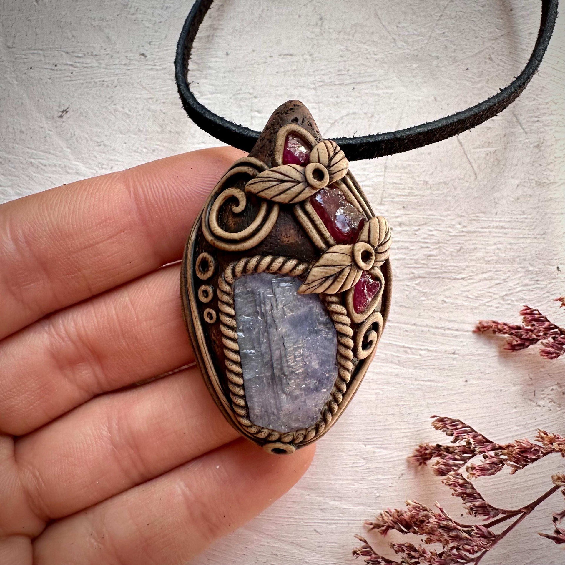 Tanzanite Rhodolite Garnet and Mozambique Ruby Pendant - FairyGardenGlow