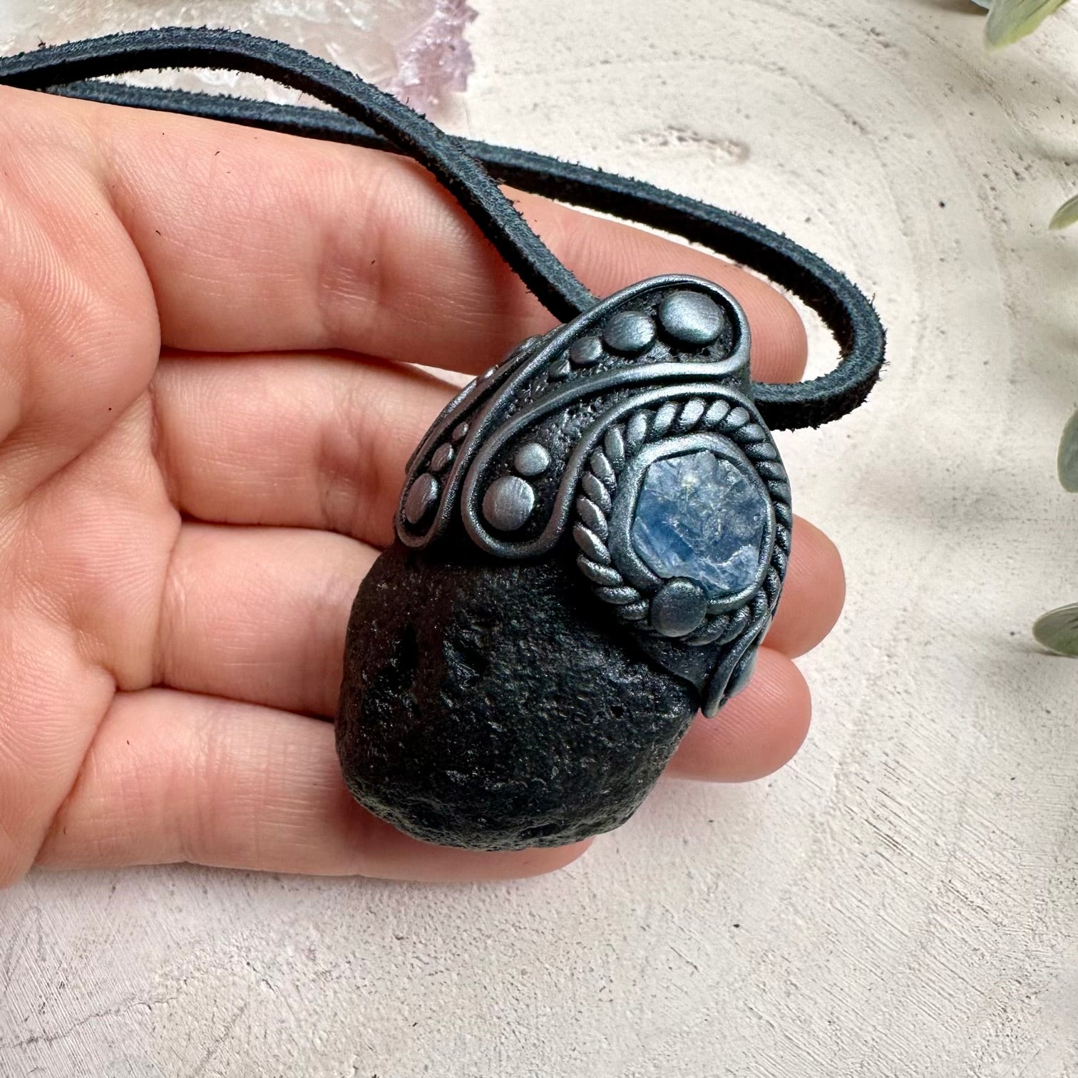 Handmade necklace with black tektite and raw blue sapphire