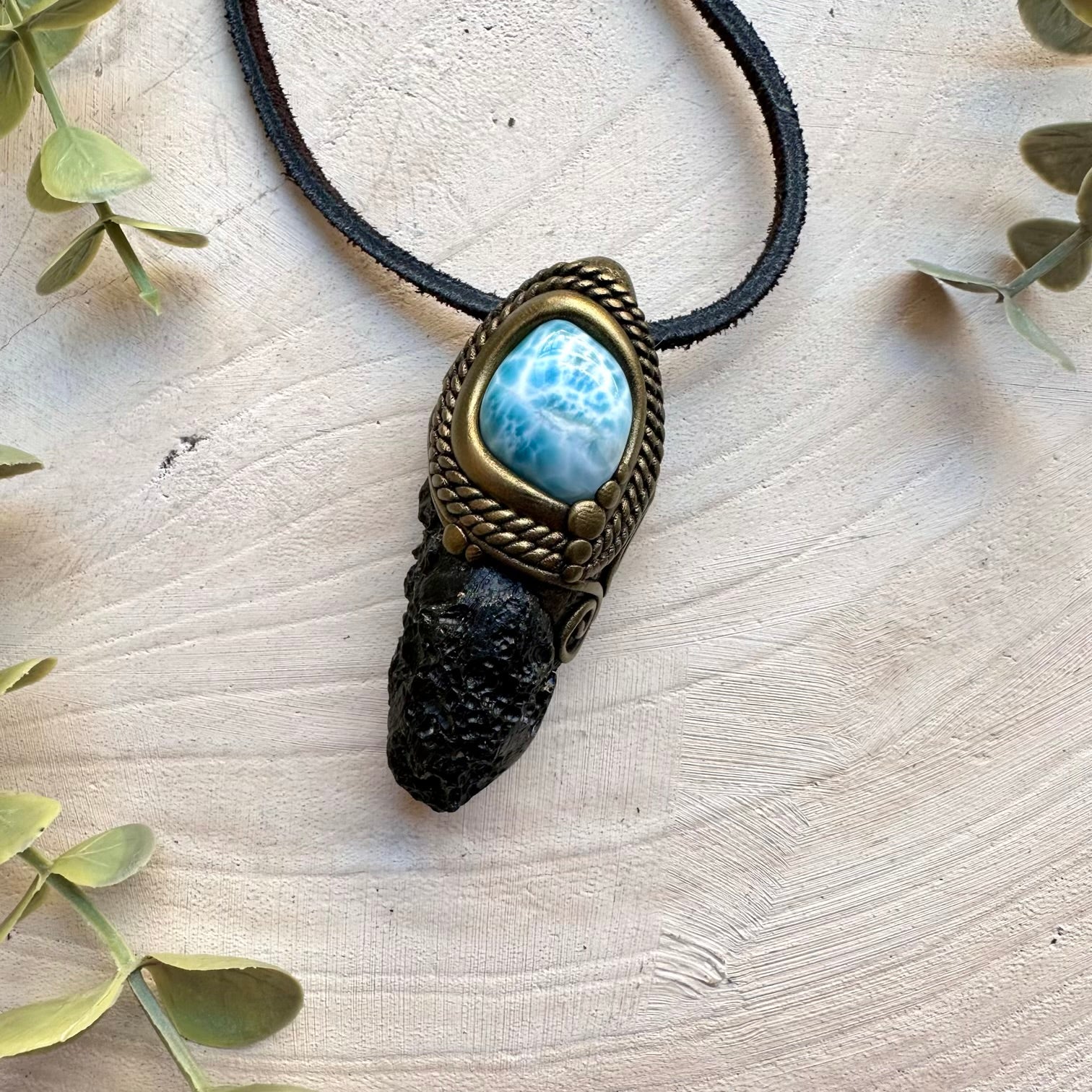 Handmade necklace with black tektite and larimar gemstone
