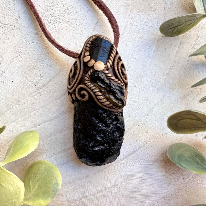 Handmade healing crystal necklace with tektite and moldavite