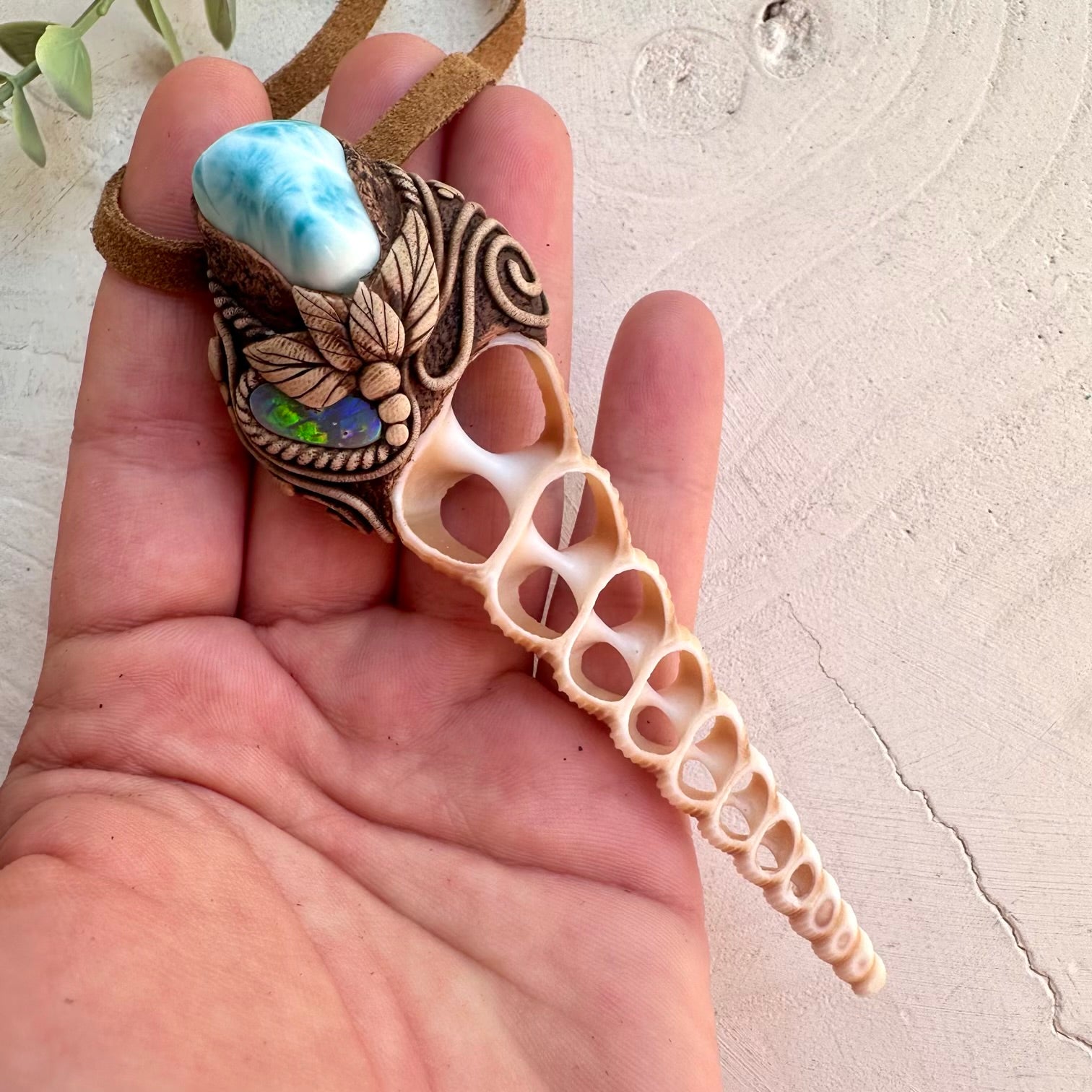 Terebra Turritella seashell slice pendant necklace with Larimar and Australian Gray Opal