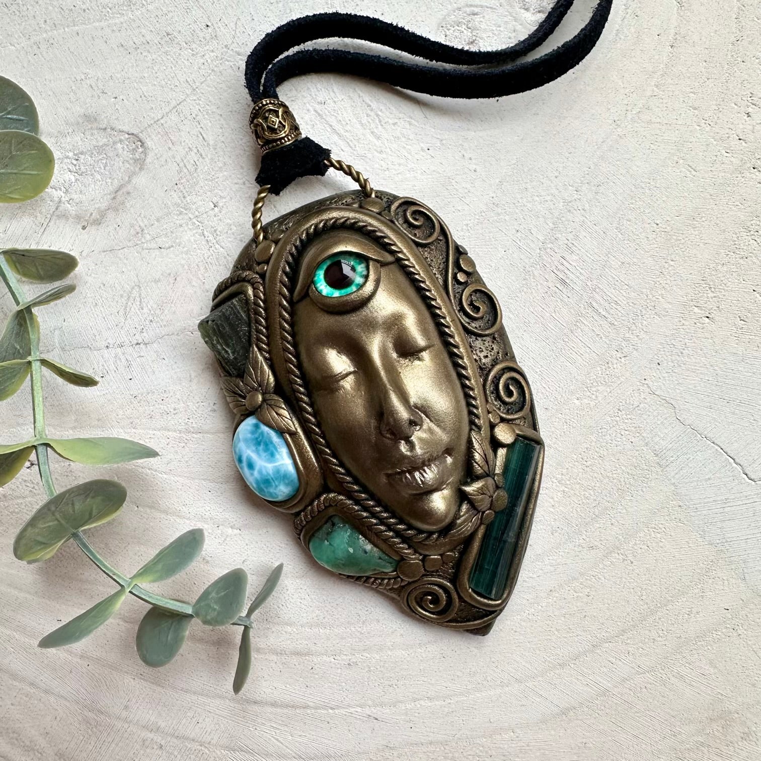 Third eye goddess necklace with blue green tourmaline larimar emerald and moldavite