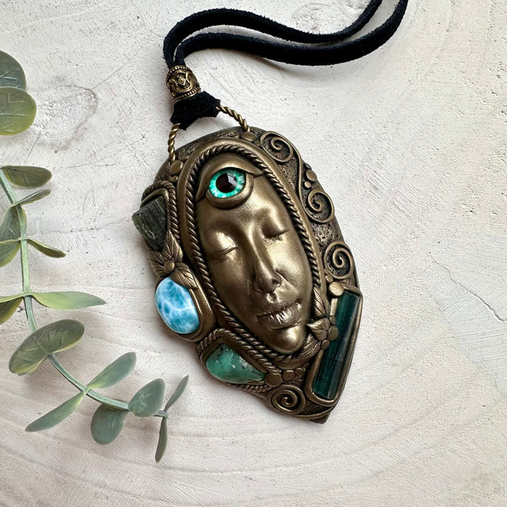 Third eye goddess necklace with blue green tourmaline larimar emerald and moldavite