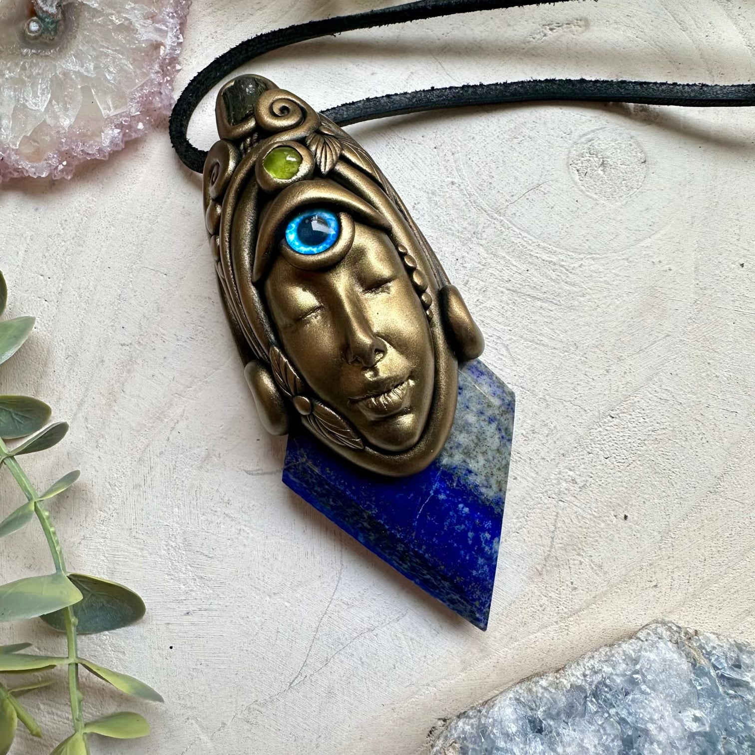 Third eye talisman pendant with moldavite and lapis lazuli