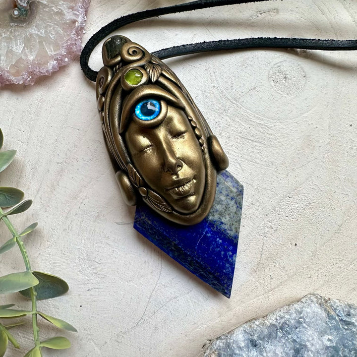 Third eye talisman pendant with moldavite and lapis lazuli