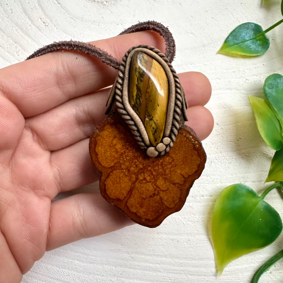 Tiger’s Eye crystal necklace with earthy Ayahuasca Vine details