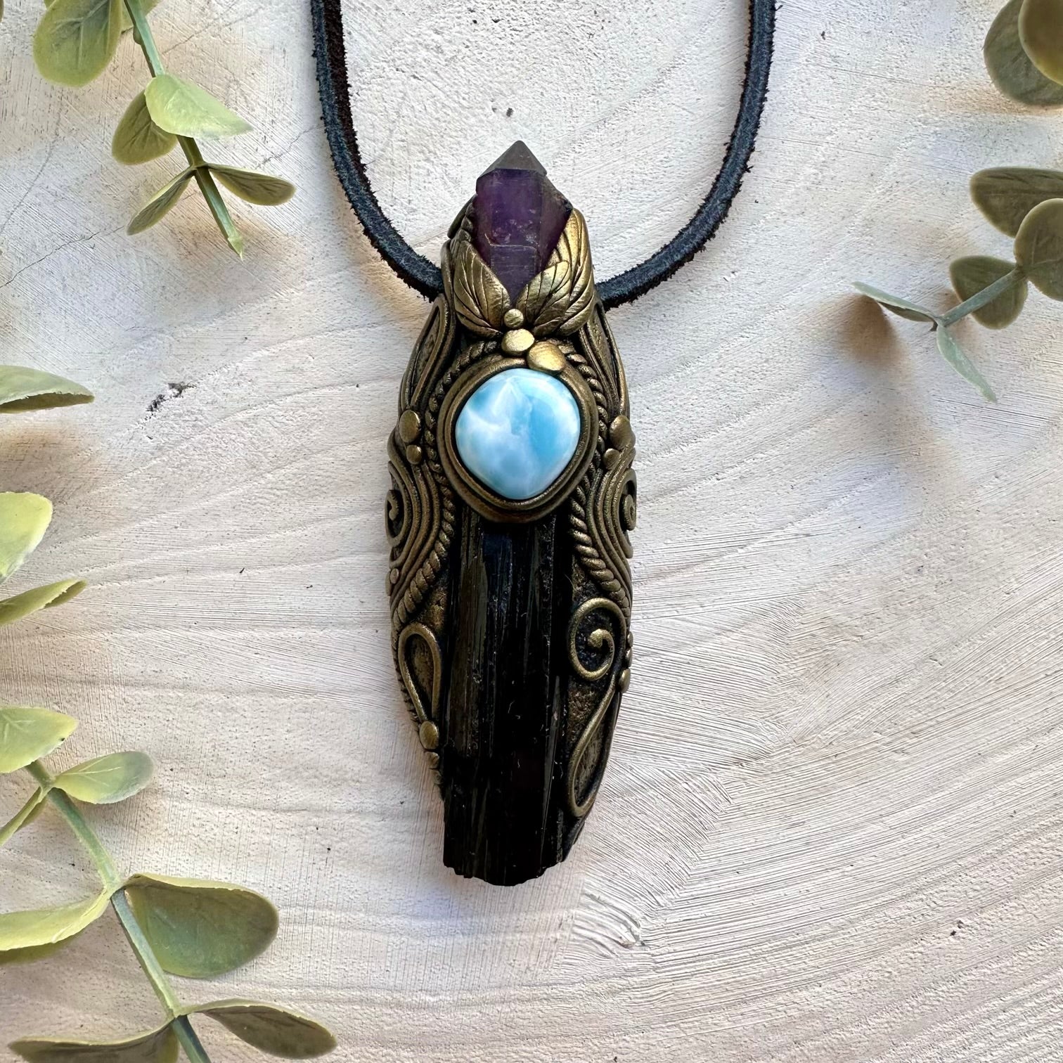 Handmade necklace with black tourmaline amethyst and larimar