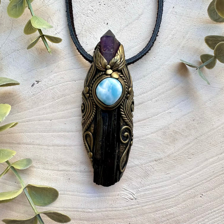 Handmade necklace with black tourmaline amethyst and larimar